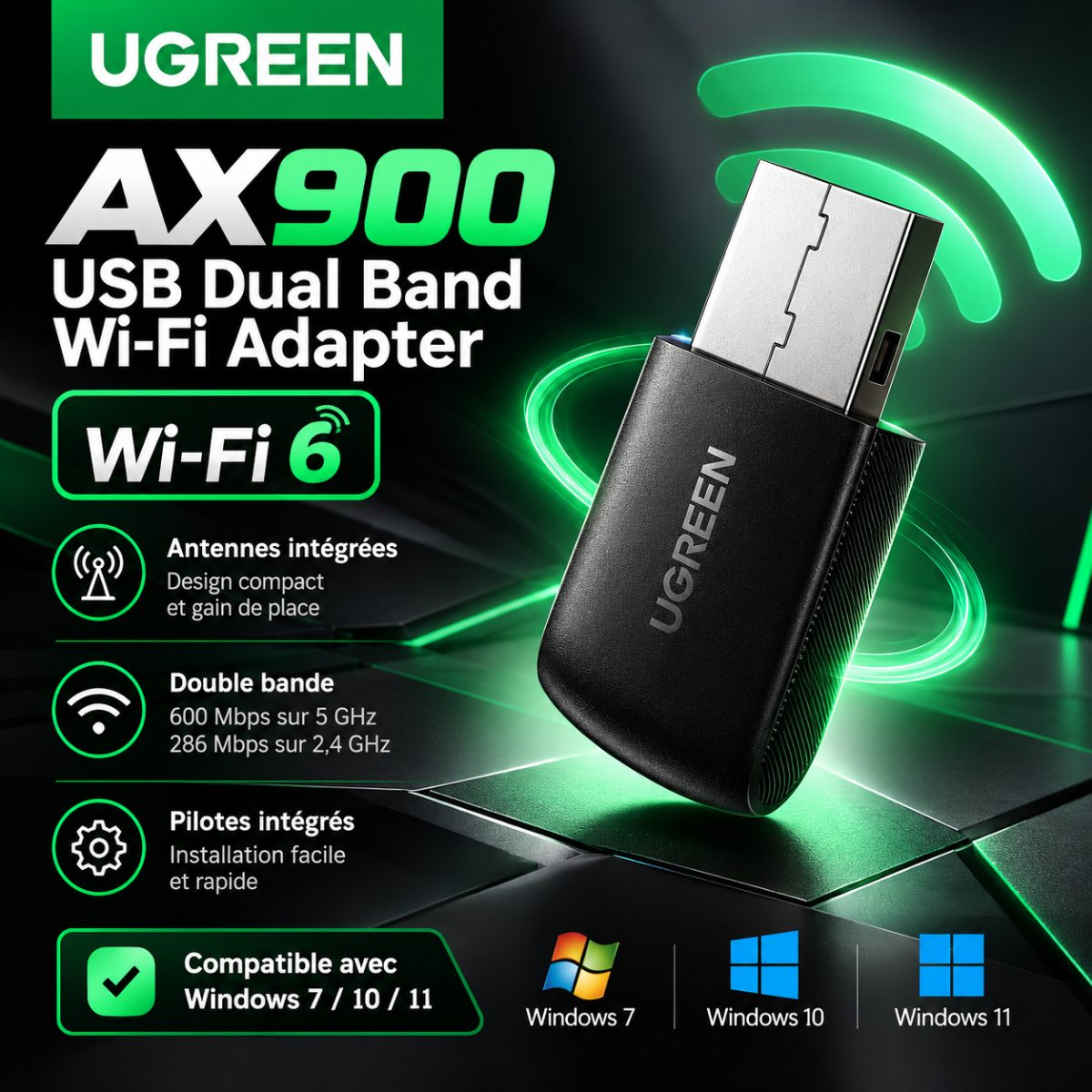 Clé USB Wi-Fi 6 UGREEN AX900 – Double bande – Neuve