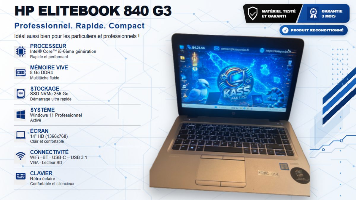 HP EliteBook 840 G3 – Intel Core i5 vPro – 8 Go – SSD NVMe 256 Go – Windows 11 Pro