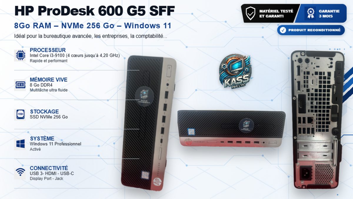 HP ProDesk 600 G5 – Intel Core i3 9ᵉ génération – 8 Go – SSD NVMe 256 Go