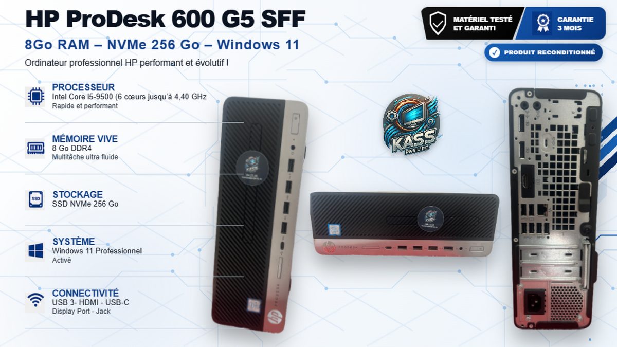 HP ProDesk 600 G5 – Intel Core i5 9ᵉ génération – 8 Go – SSD NVMe 256 Go