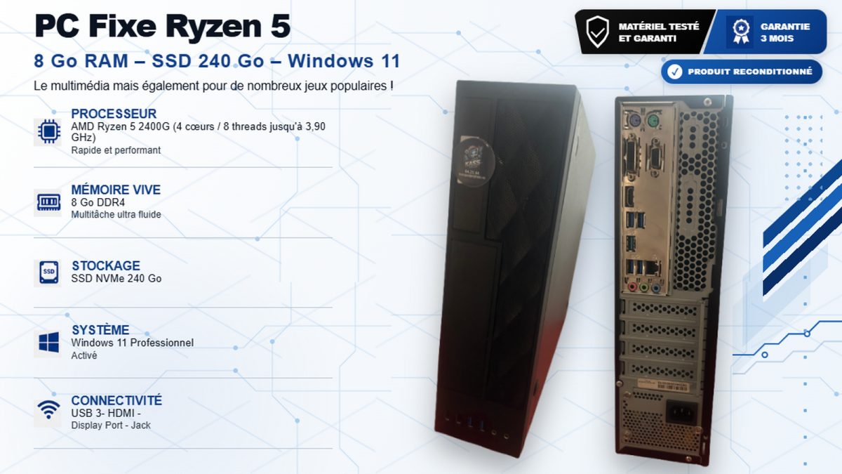 PC Fixe Ryzen 5 – 8 Go RAM – SSD 240 Go – Windows 11 Pro