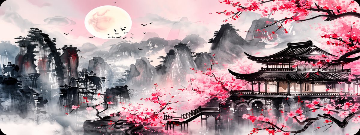 Tapis de souris Gaming XXL  90 x 40 cm – Paysage Japonais Sakura